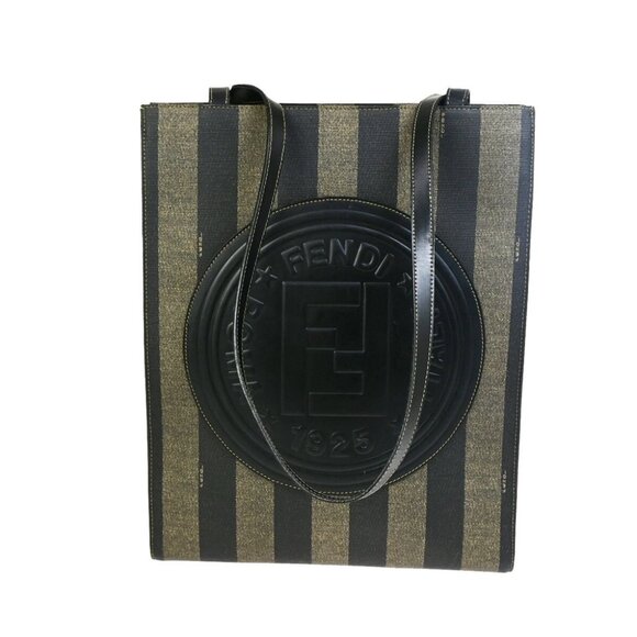 FENDI Logo Pequin Shoulder Tote Bag PVC Leather Black GHW Made In Italy - Picture 1 of 16